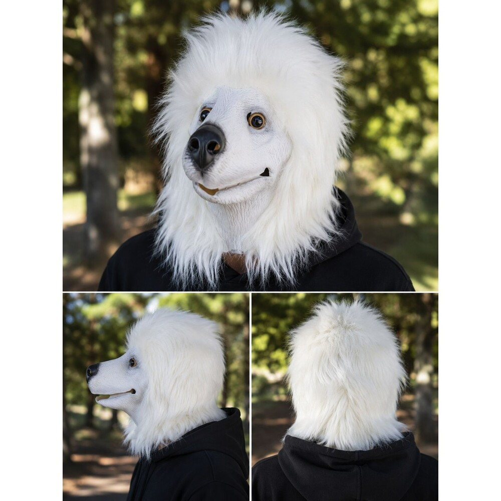 CreepyParty White Wolf Dog Full Head Latex Mask Faux Fur Adult Halloween OSFM
